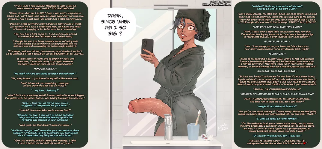 Futa is amazed by the sight of her own appendage, but when her BF calls her an airhead, she puts it to good use~ [Commission] [Artist: @Sir_Eustache] by MoolahTheChoco