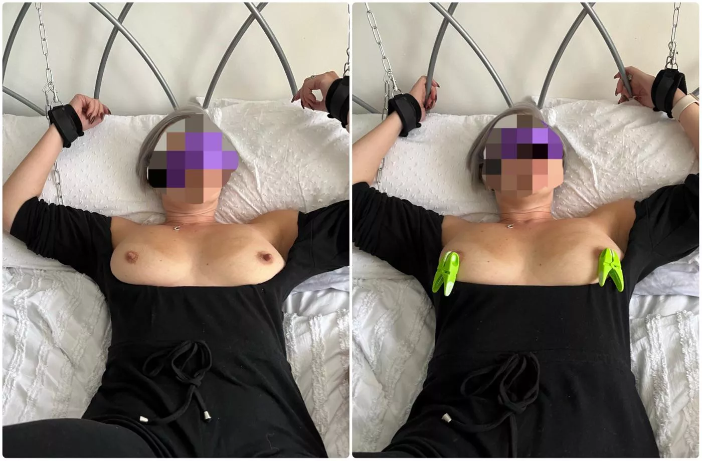 Getting the sex toy ready… Blindfolded ✅ chained to bed ✅ clothes pegs on nipples ✅ … posted by PlayingCouple