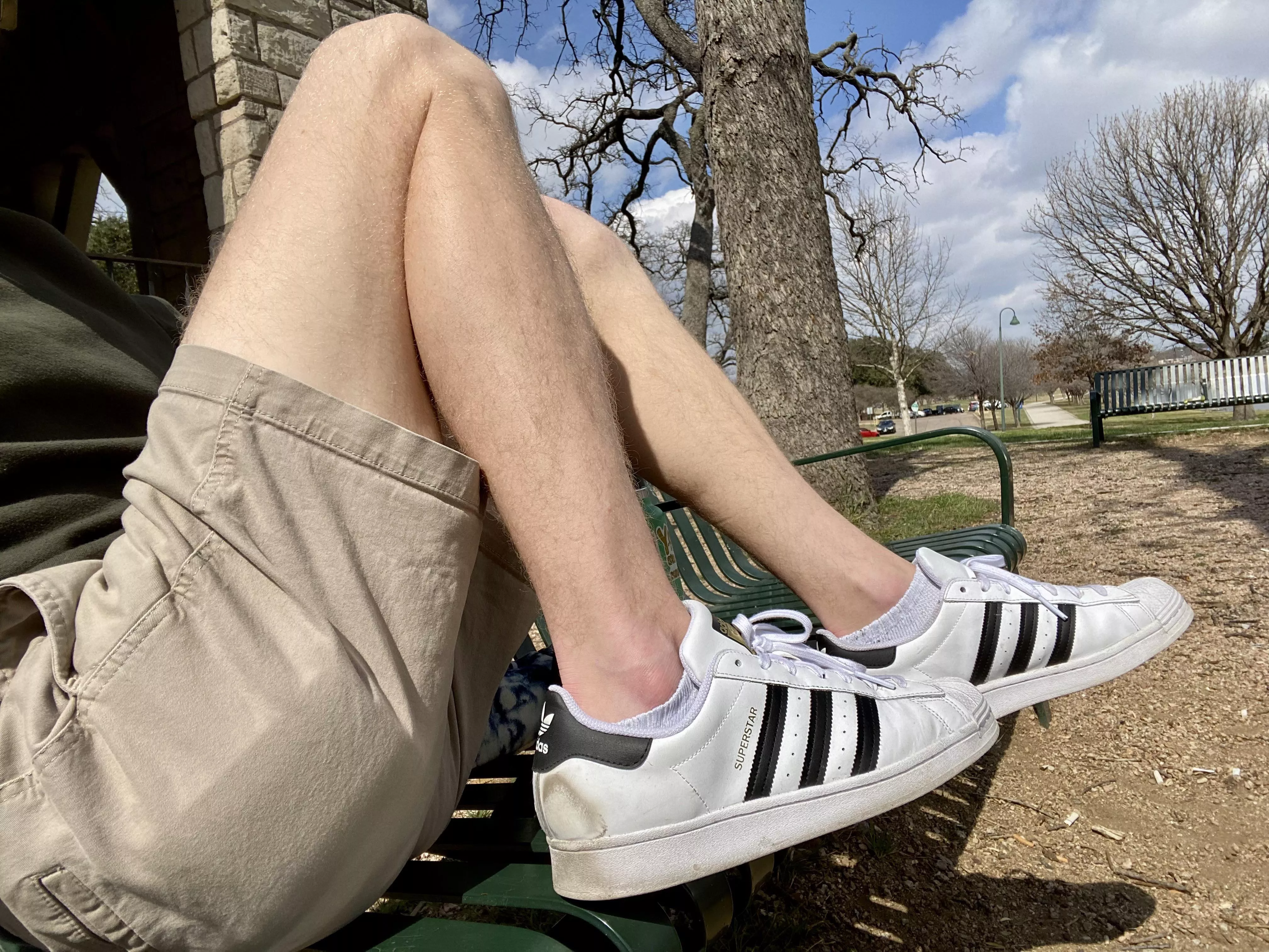 Got to show off my legs today. Long, long legs to hold you down with. posted by BlondeBoyFoot