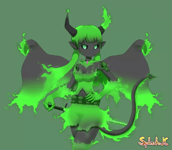 Green-flamed Balrog girl! Commission for me by @SplashJC1 (Twitter) -her name's Bellona. :3 by Jaram_Aquila