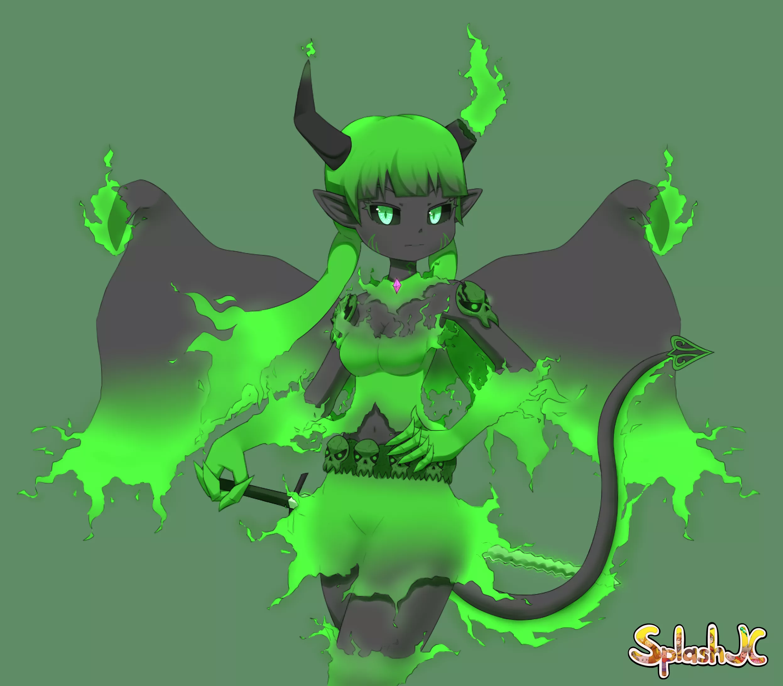 Green-flamed Balrog girl! Commission for me by @SplashJC1 (Twitter) -her name's Bellona. :3 posted by Jaram_Aquila