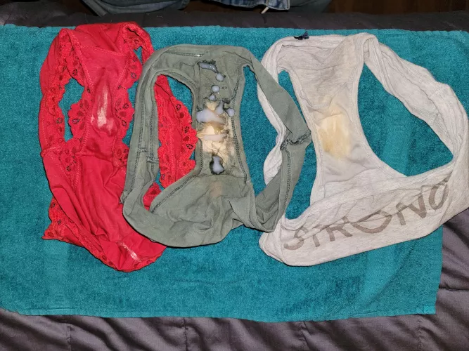 Having fun with three pairs of wifes dirty panties by smalldickhubby2020