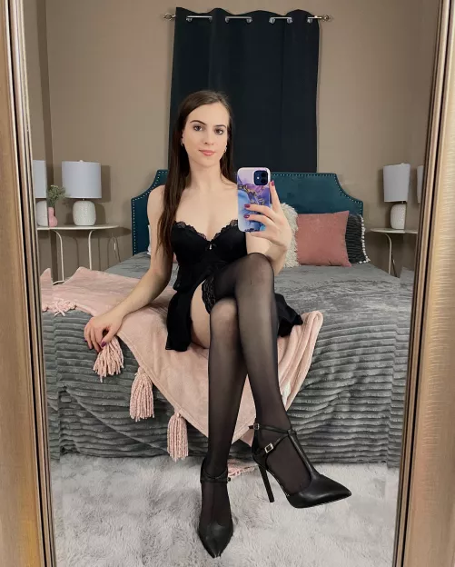 High heels with lingerie and no panties is one of my favorite combos by glamzmel