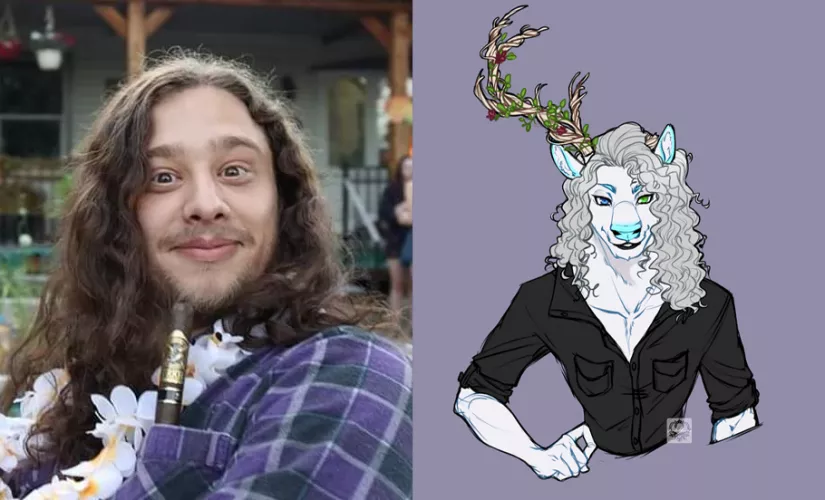 Hopping on the bandwagon, my fursona vs me. Art by @Mochimalha by BaronVonCuddly