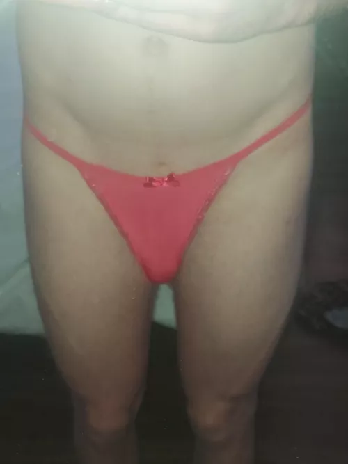 i am on a trip with my girlfriend and she told me not to bring underwear, she would let me wear hers. for today she brought me this small thong by Martenyy