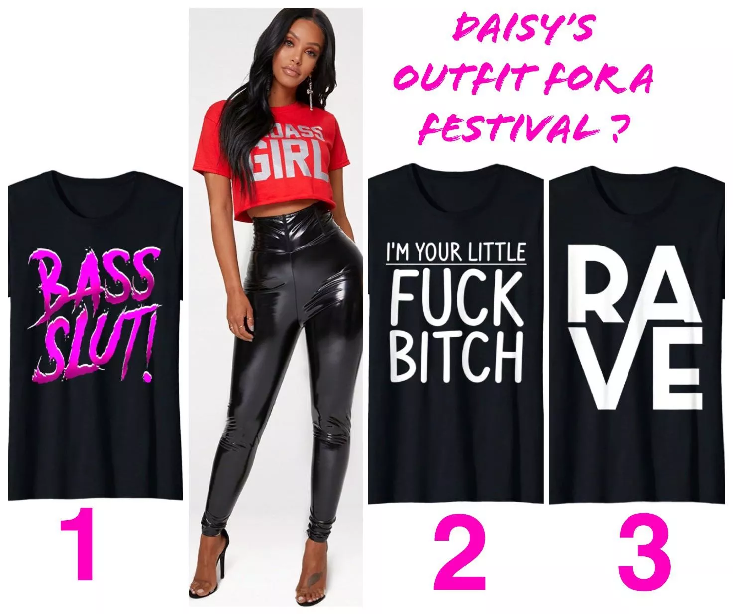 I asked daisy to wear these leggings for her next festival. Wich top should she buy? #daisy_slp #sissyexposed #sissy posted by daisy_slpV