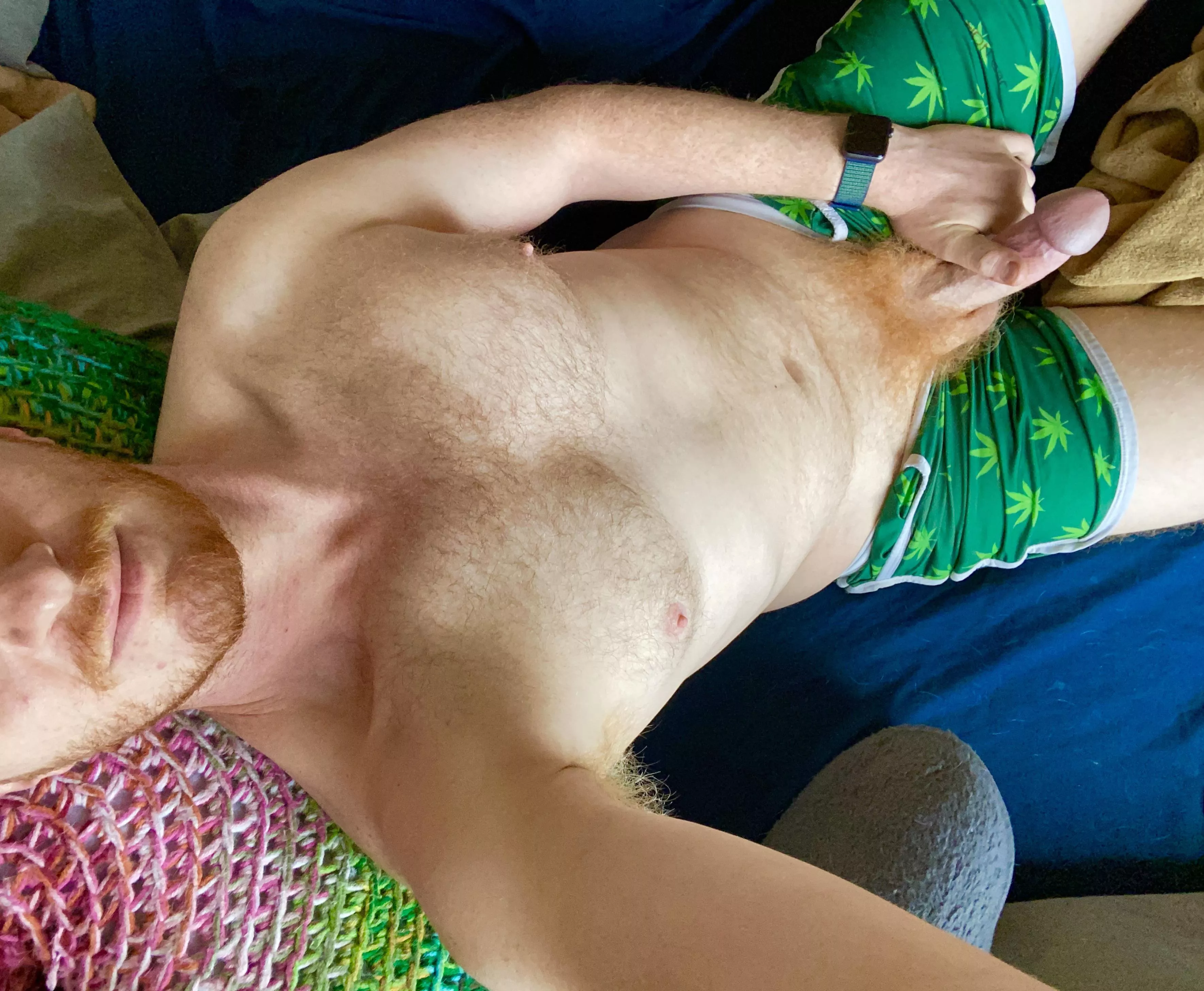 I found my favorite shorts! They were lost for months. I like how they contrast my bush. posted by ManLovinRed