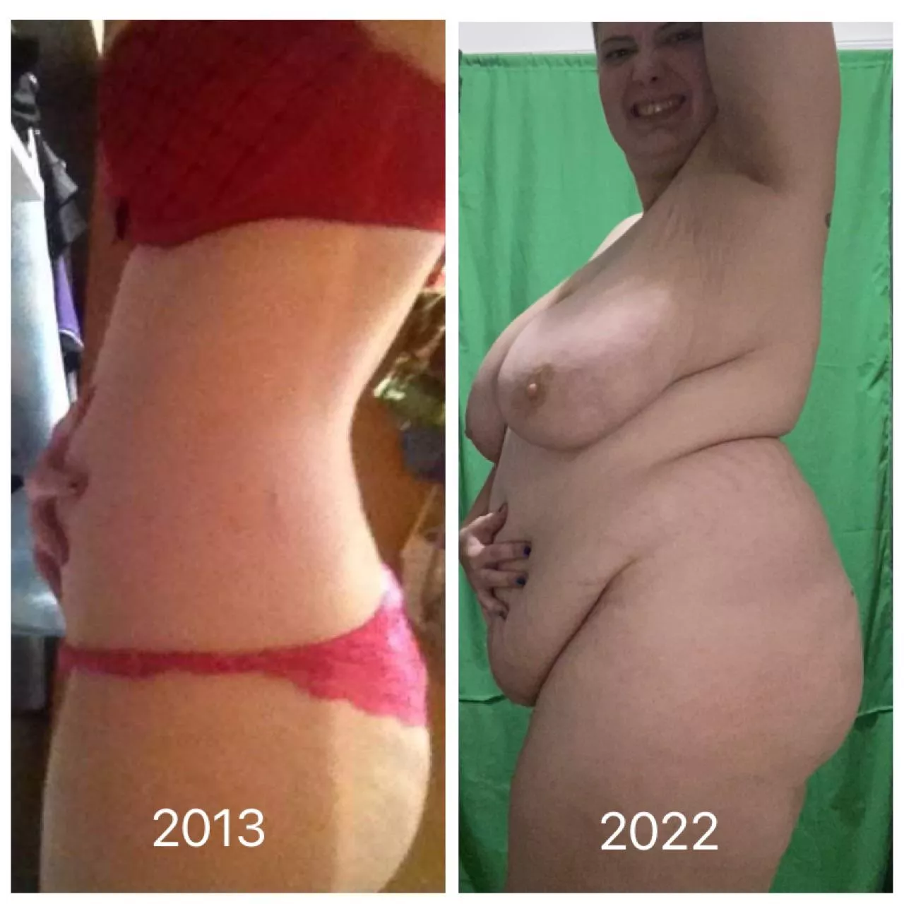 I found the photo from 2013 with the caption “look how fat I am” 😂🤣😂🤣. I just had to remake it with my lovey plump body now!!! posted by Doctorsybil1