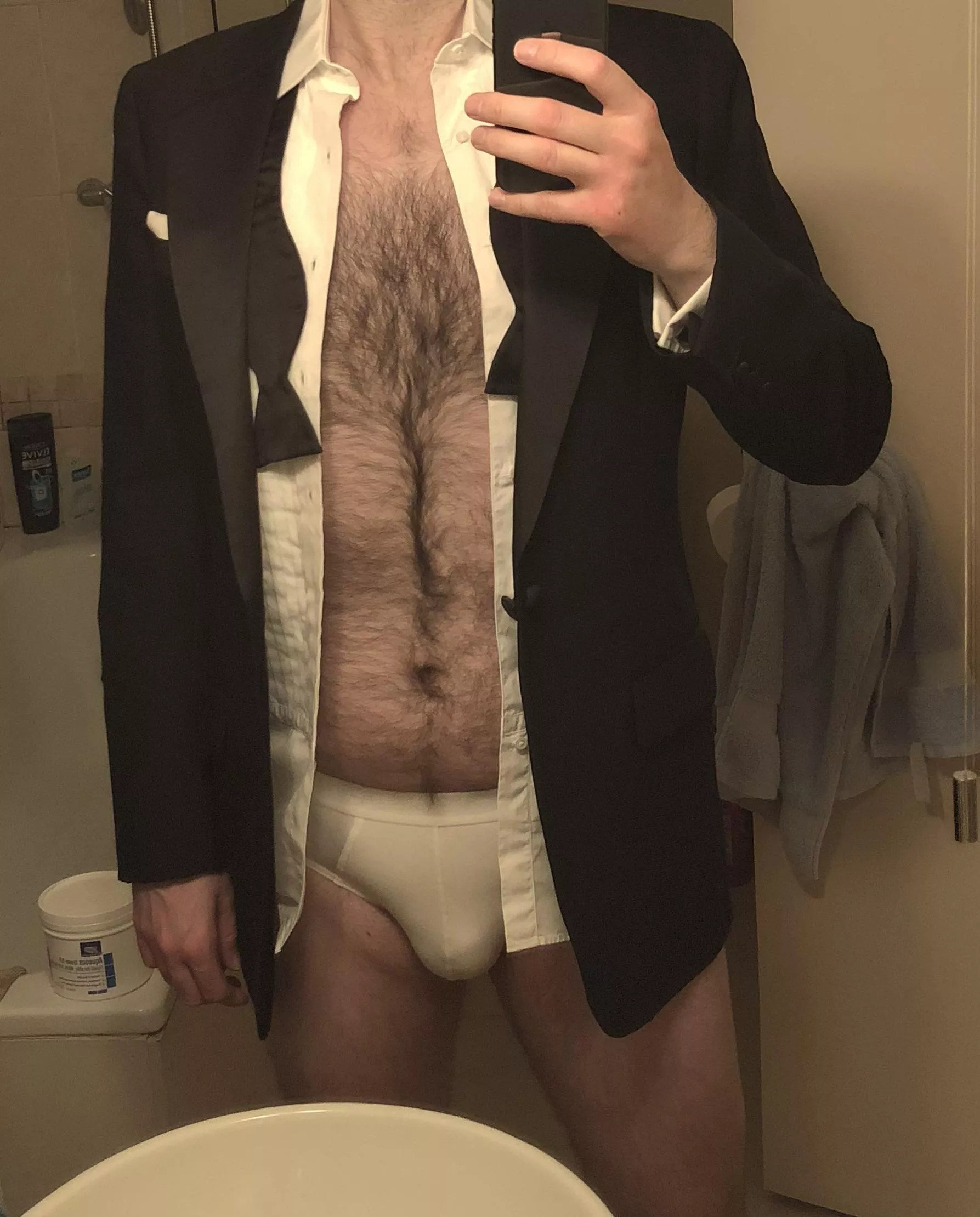 I have my first post-pandemic black tie event this weekend and I’m checking my tux still fits. How about I just go like this? No need to worry then if my trousers still fit. posted by Richardts220
