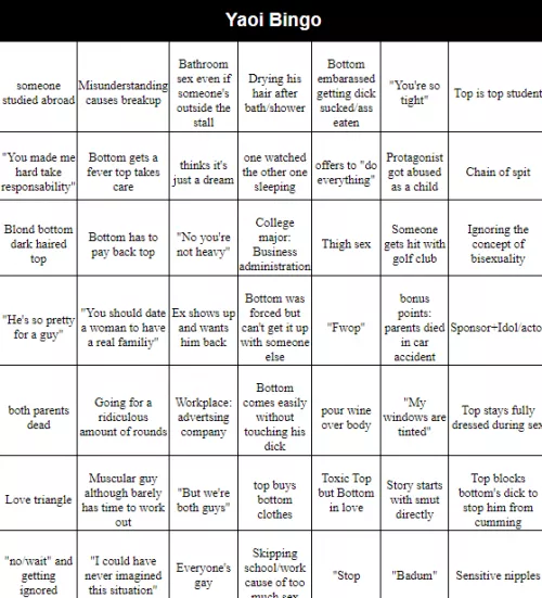 I made the Yaoi Bingo bigger this time because there are just so many tropes and phrases that occur often enough to be remarkable by pigirl666