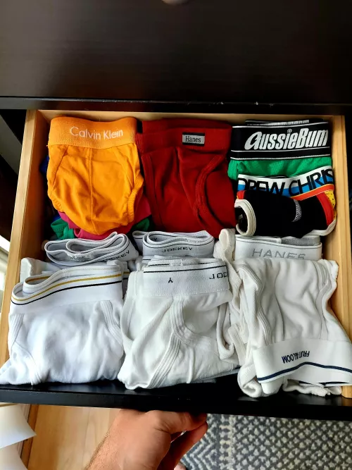 I redid my undies drawer. All briefs and a couple of jockstraps. Some colors, but it's majority TWs by Homo_gone_wild
