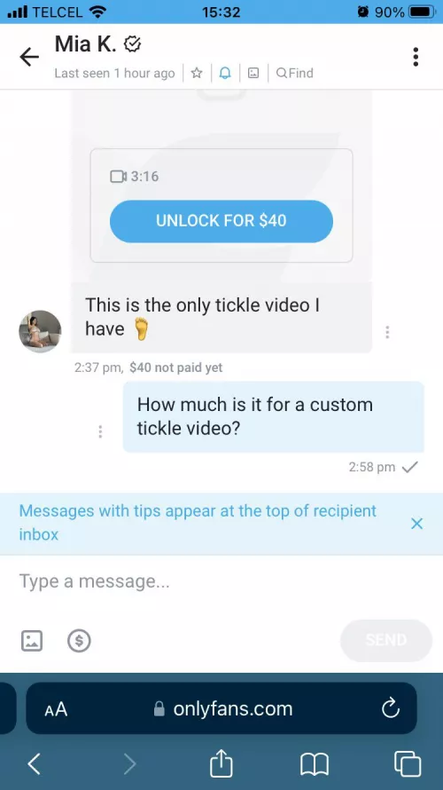 If anyone is interested in buying the only tickle video from Mia Khalifa dm me. Also if you’re interested in trying to buy her a custom tickle video by Ticklekink