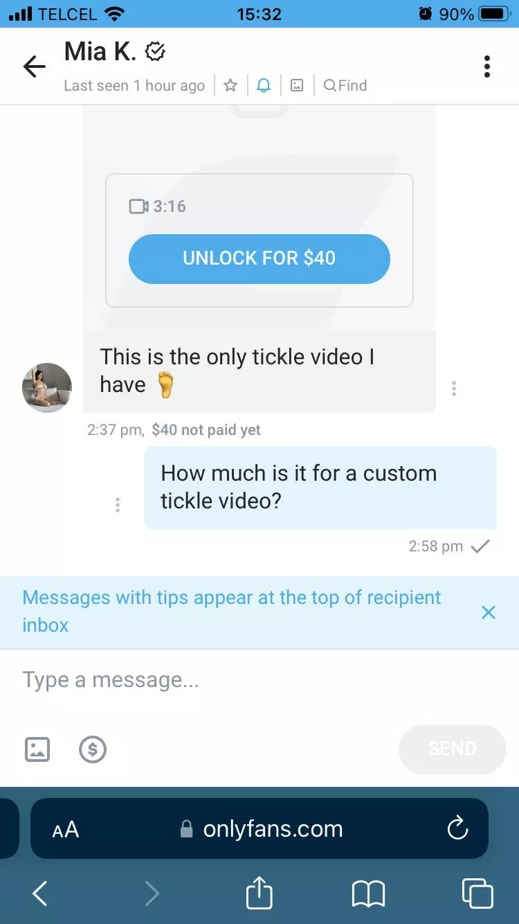 If anyone is interested in buying the only tickle video from Mia Khalifa dm me. Also if you’re interested in trying to buy her a custom tickle video posted by Ticklekink