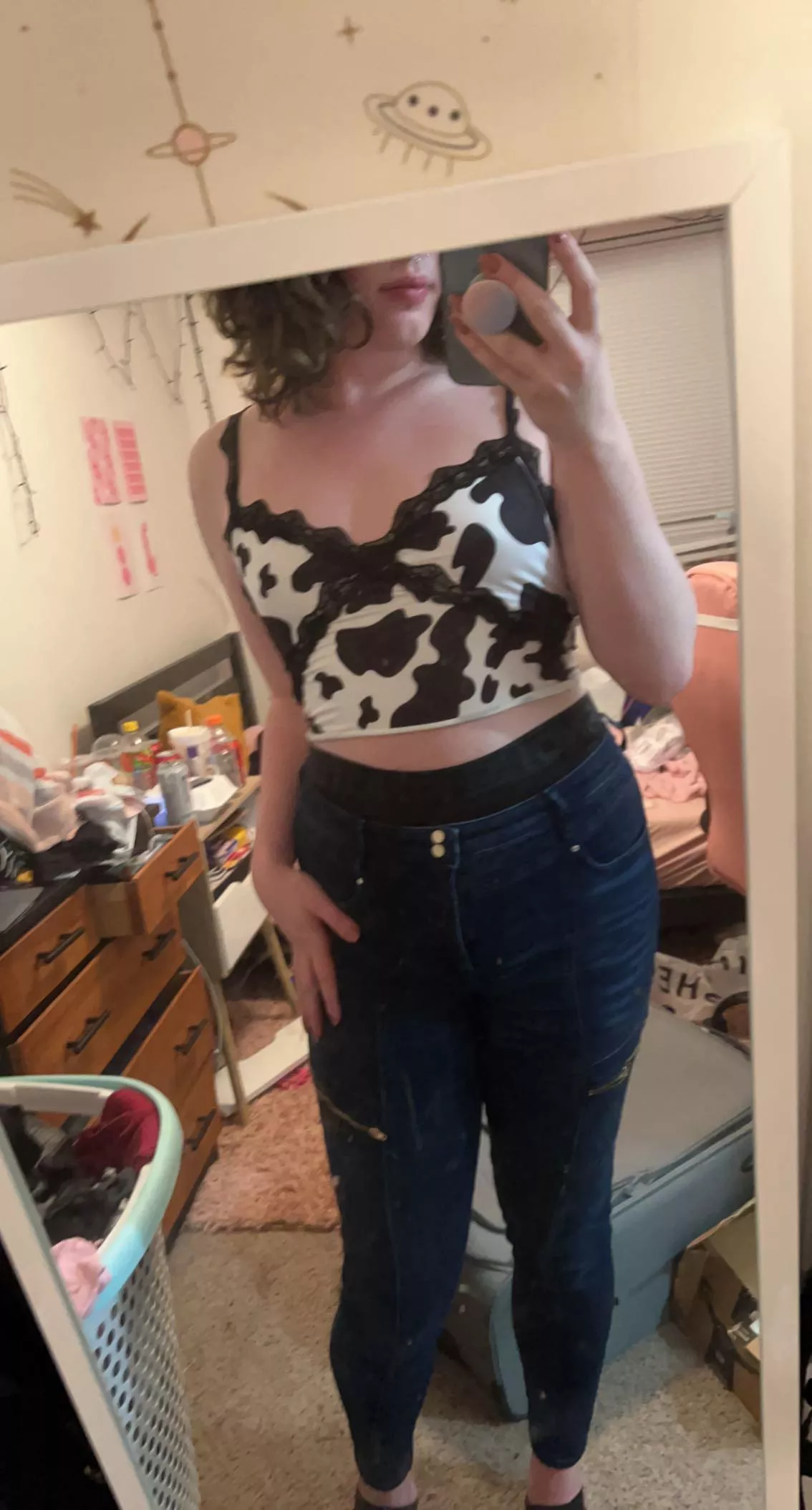 ignore my messy room, but look at this cute cow top! posted by Important_Yam_8898