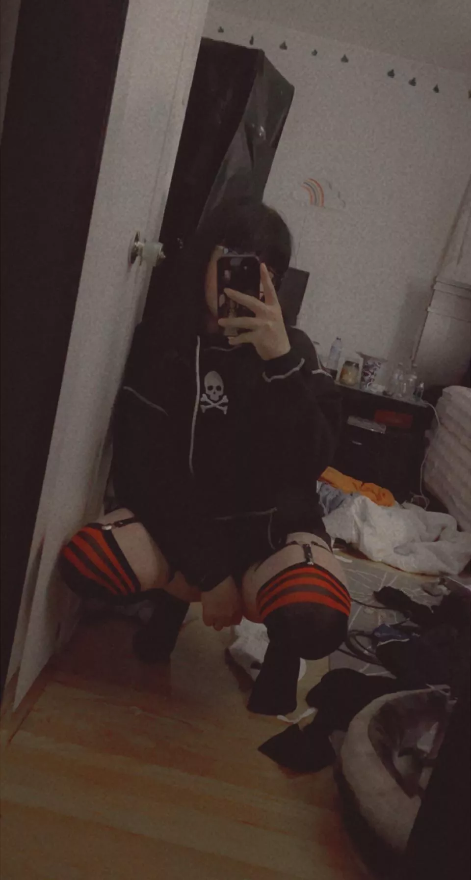 ignore my messy room but my thigh socks and garters came today posted by satanicfemboy