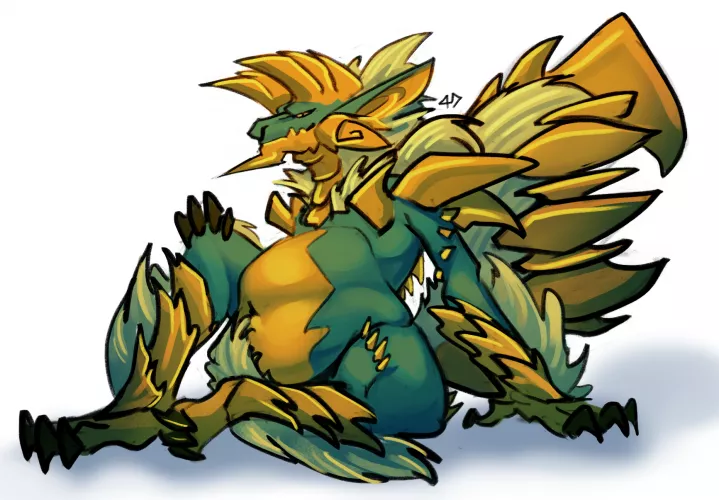{Image} Anthro Zinogre relaxing after a meal (art by me) [implied] by Nemirocsalion