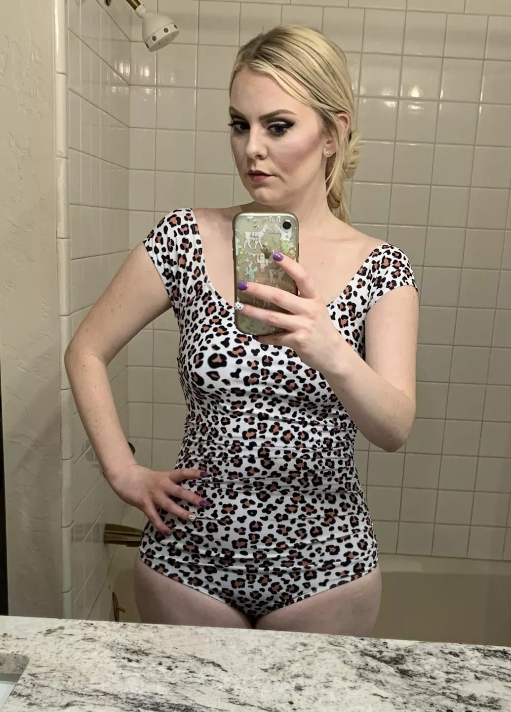 [image] My petite pale blonde wife in her new one piece. She’s 28 and a mom of 3. She’s also 5’0. What do you all think of her? posted by CuckForLife1814
