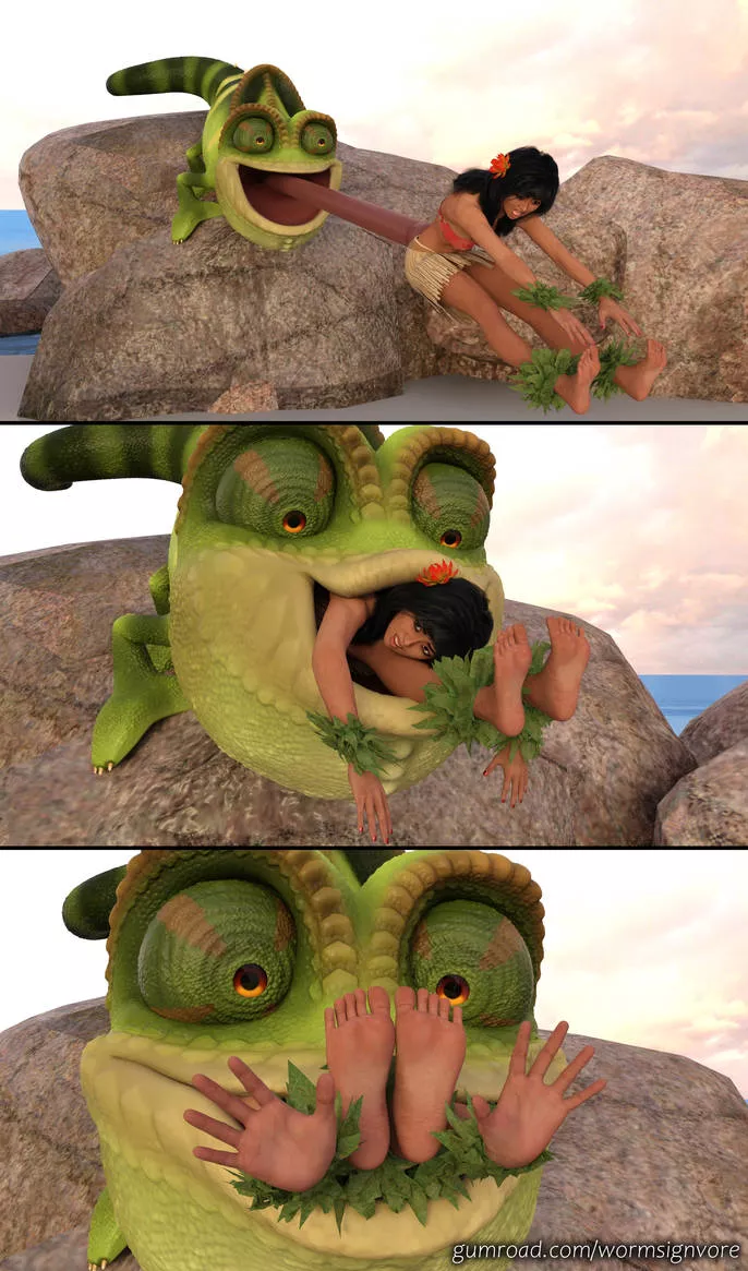 {Image}Giant Chameleon Eats Hula Dancer(?/Chameleon)(F/Human)(Soft)(Oral)(unwilling)(nsfw)(OC: WormsignVore Animations) posted by WormsignVore