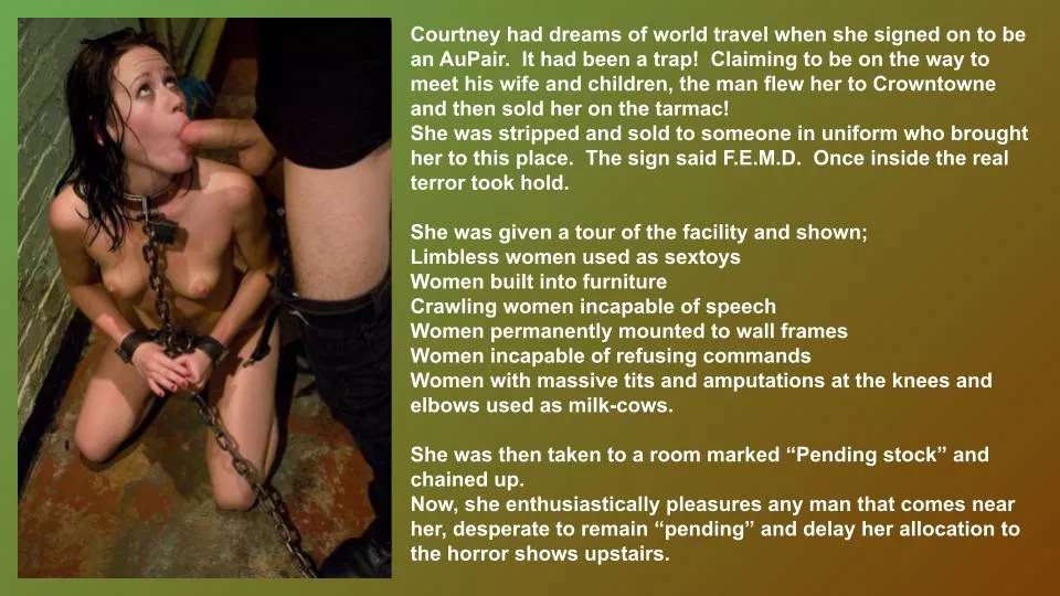 In the basement of the Female Experimental Modification Division (FEMD) Courtney delays her fate. posted by LordOseleon