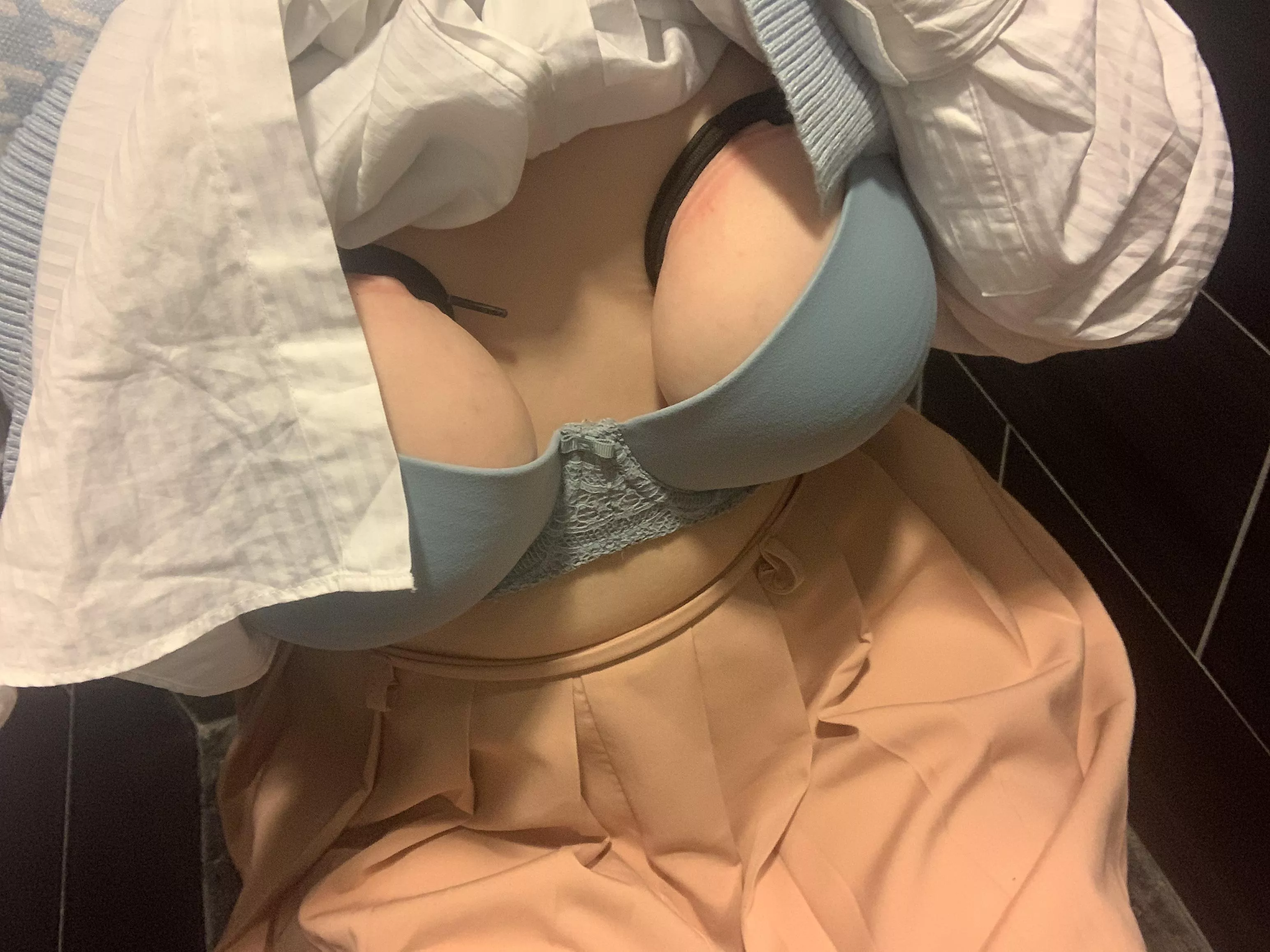 In the office bathroom! With 6 hours left until my shift ends, should I put some paperclips on my hard nipples? posted by Hazyydays