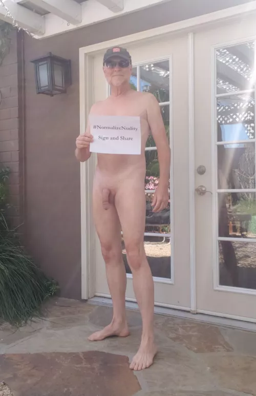 It took me until my 50s to stop being self-conscious about my slender body and skinny arms. Exercising more helped a bit but it was mostly in my head. My advice - love yourself now! (The sign was for a Twitter pro-nudity campaign) by EssentiallyEight