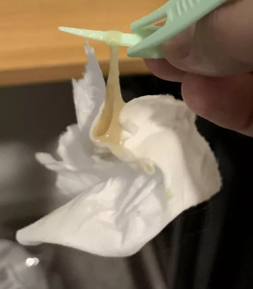 I’ve been blowing my nose for days trying to clear my sinuses after a cold. This bad boy finally came out. by SpoonHanded