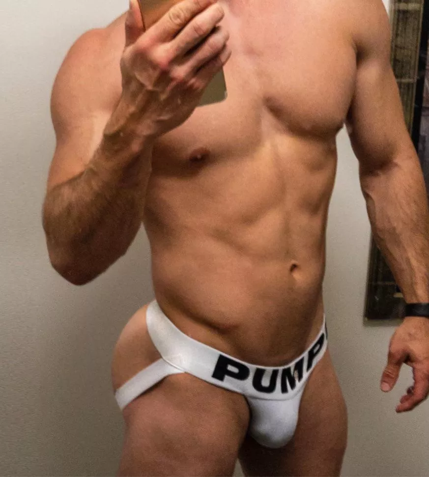 Jock in a jockstrap. Pump’d is exactly what happened to me shortly after this pic was taken. 😈 posted by Shy_Guysxxx