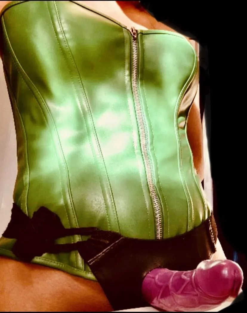 Leather corsets and strapons go together almost as well as purple and green! Now let’s cut to the chase, face down ass up and be a good boy 😈 posted by Poisonivy309
