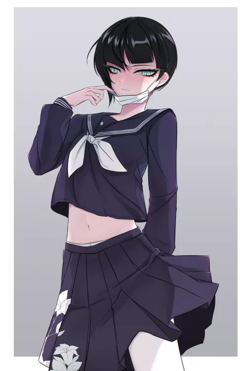 LF Color Source 1boy mask crossdressing black_hair short_hair skirt school_uniform female_uniform by Rediowz
