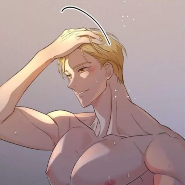 LF Color Source: 1boy, yellow/blonde hair, short hair, sweat drop, head grab, blush, yellow eyes, abs, muscular male, large pectorals, male focus, nipples, sideburns, yellow eyebrows, upper body posted by kei-kazuki