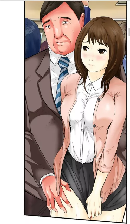 LF Color Source: 1girl, 1boy, chikan, ugly bastard, brown hair, long hair, molestation, business suit, big/large breasts, thigh grab, sweat, blush, train by kei-kazuki