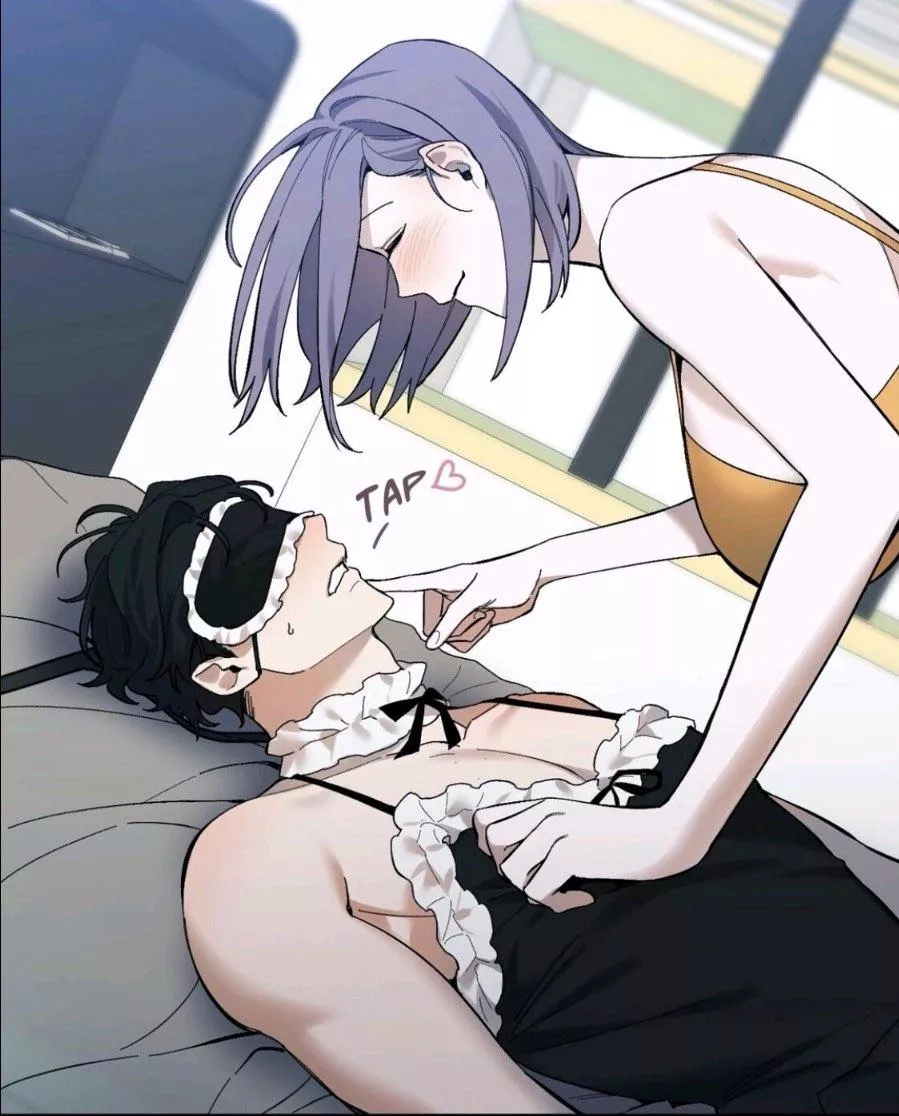 LF Color source: 1girl, 1boy, purple hair, tank top, maid outfit, femdom, blindfold. posted by tapiauca
