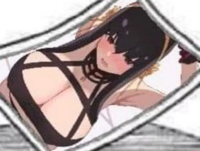 LF Color Source: 1girl, armpit, arms up, bangs, bare shoulders, black clothes, black dress, black hair, cleavage, collarbone, from above, hair between eyes, hairband, huge breasts, large breasts, long hair, lower teeth, necklace, open mouth, red eyes, yo by HentaiSource_Archive