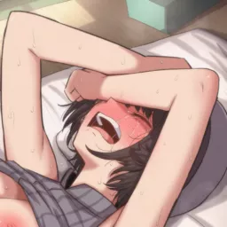 LF Color Source: 1girl, black hair, bob cut, blushing, armpits, grey virgin killer sweater, virgin killer outfit, arms above head, armpit, big breast posted by Yoshe-Plays