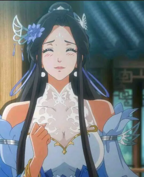 LF Color Source: 1girl, black hair, long hair, hair ornament, butterfly hair ornament, hair flower, big/large breasts, blush, eyes closed, white earrings, forehead mark/jewel, looking at viewer, standing, blue dress, detached sleeves by kei-kazuki
