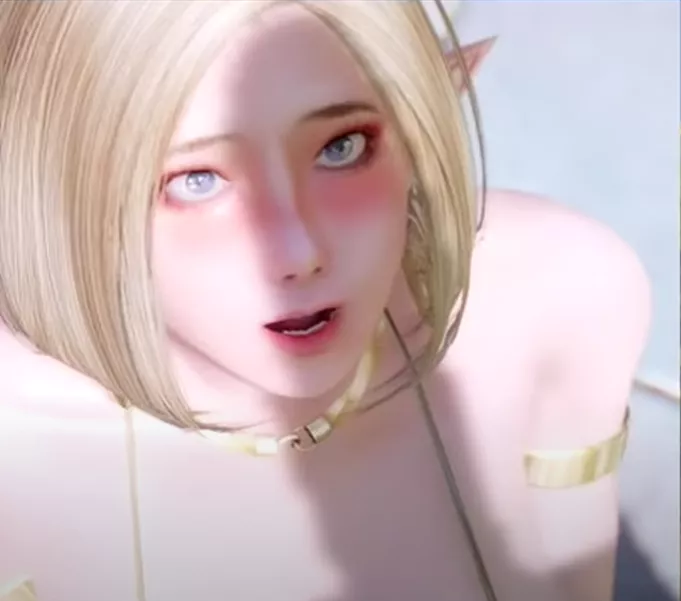 LF Color Source, 1girl, blonde hair, 3danimation, Pointy ears, elf, cock, cock shadow, pale skin, blue eyes, gold jewelry, blushing, posted by trendyghost