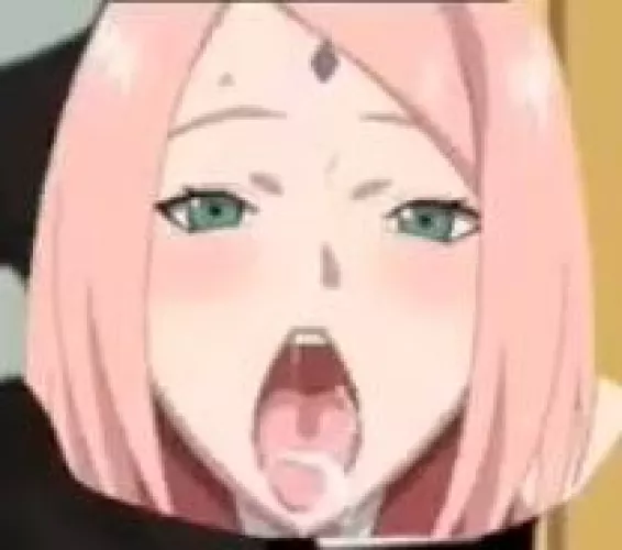 LF Color Source: 1girl, blush, close up, crop, cum in mouth, face, face focus, forehead mark, green eyes, haruno sakura, open mouth, parted bangs, pink hair, saliva trail, tongue out, upper teeth by HentaiSource_Archive