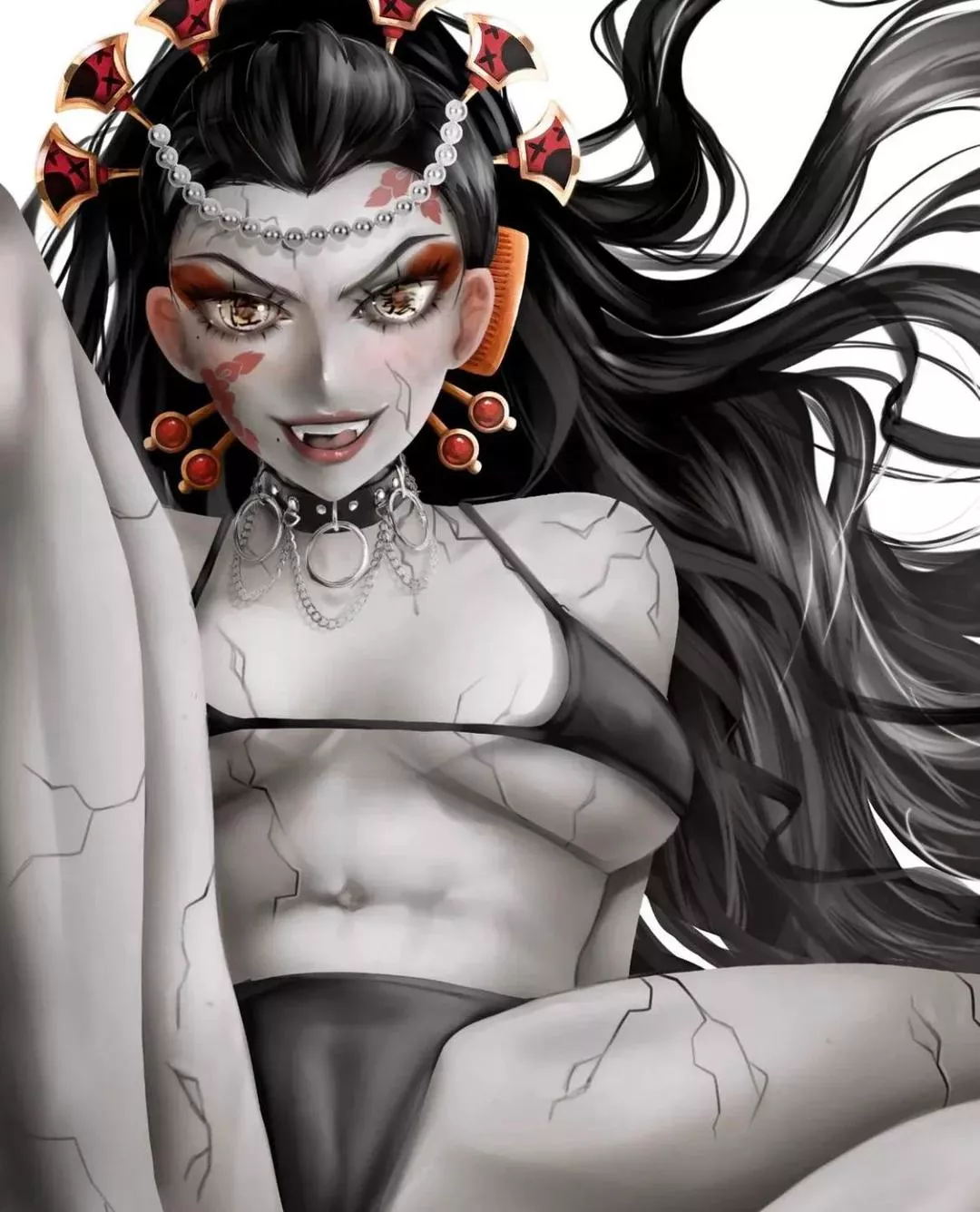 LF Color Source: 1girl, daki, kimetsu no yaiba, demon slayer, black hair, long hair, choker, black bikini, big/large breasts, face paint, hair ornament, looking at viewer, mouth open, fangs posted by kei-kazuki