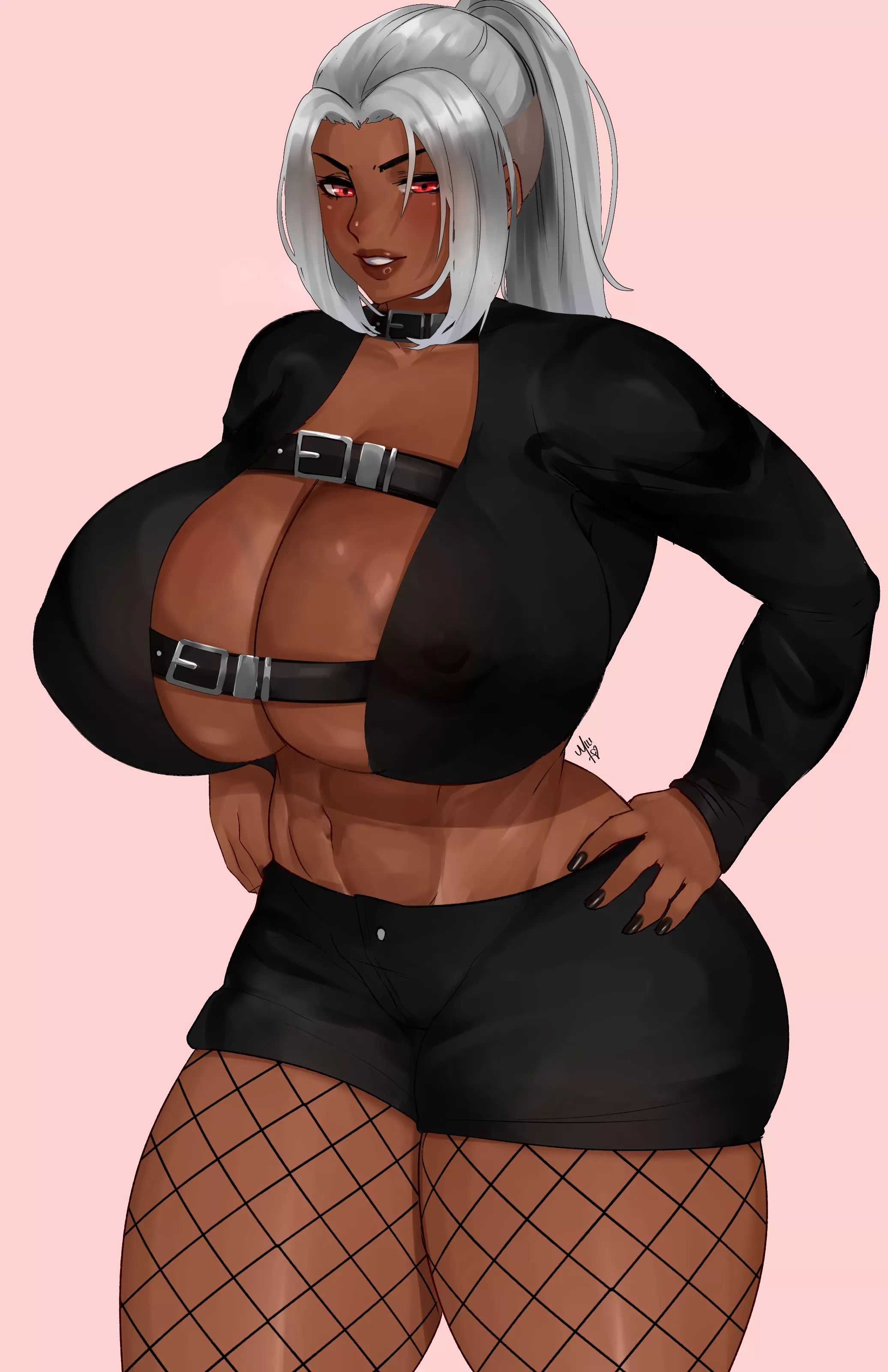 LF COLOR SOURCE: 1girl, dark skin, large breasts, white hair, muscle, midriff, shorts, red eyes, thick thighs, posted by Temaash