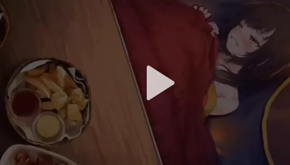 LF Color source: 1girl, Kotatsu, table, food, red blanket, blush, brown hair, long hair, topless shoulders, yellow eyes, smile, lying down posted by BigBoyer