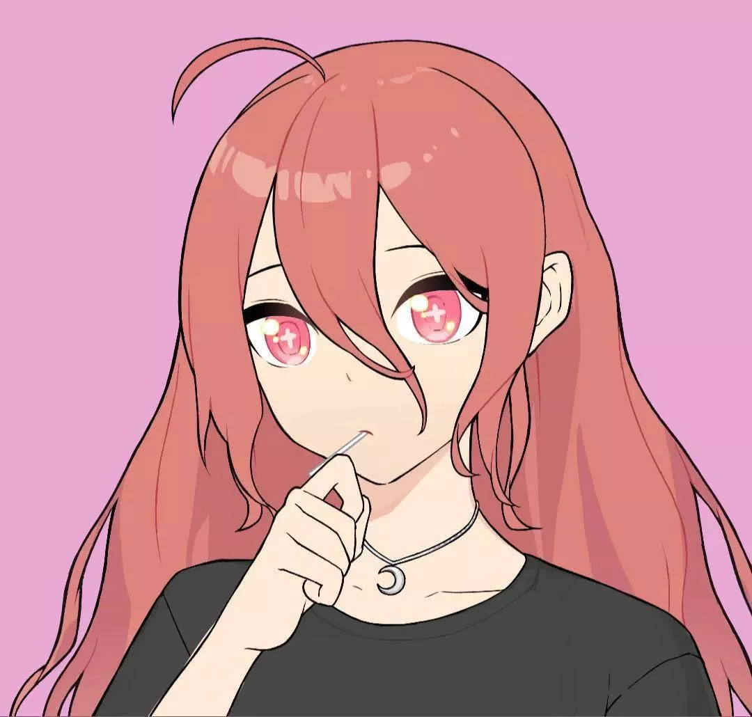 LF Color Source: 1girl, pink background, lolipop, red hair, red eyes, long hair, black t-shirt, necklace, hand on own chin, hair between eyes, looking at viewer posted by kei-kazuki