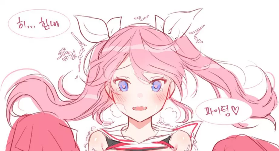 LF Color Source: 1girl, pink hair, long hair, twintails, cheerleader, foreign text, white ribbon, heart shaped pupils by toneonis