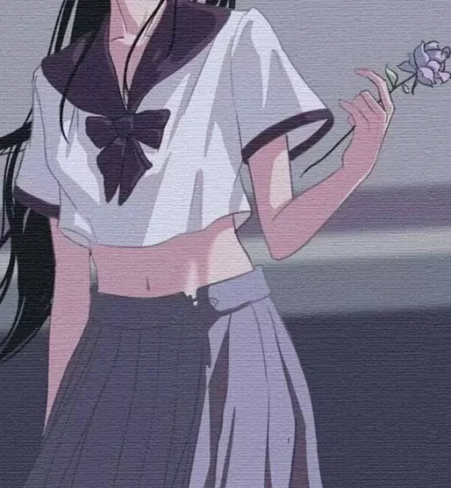 LF Color Source: 1girl, school uniform, face out of frame, rose, purple shade/filter, sailor dress, black hair, long hair, small breasts, midriff by kei-kazuki