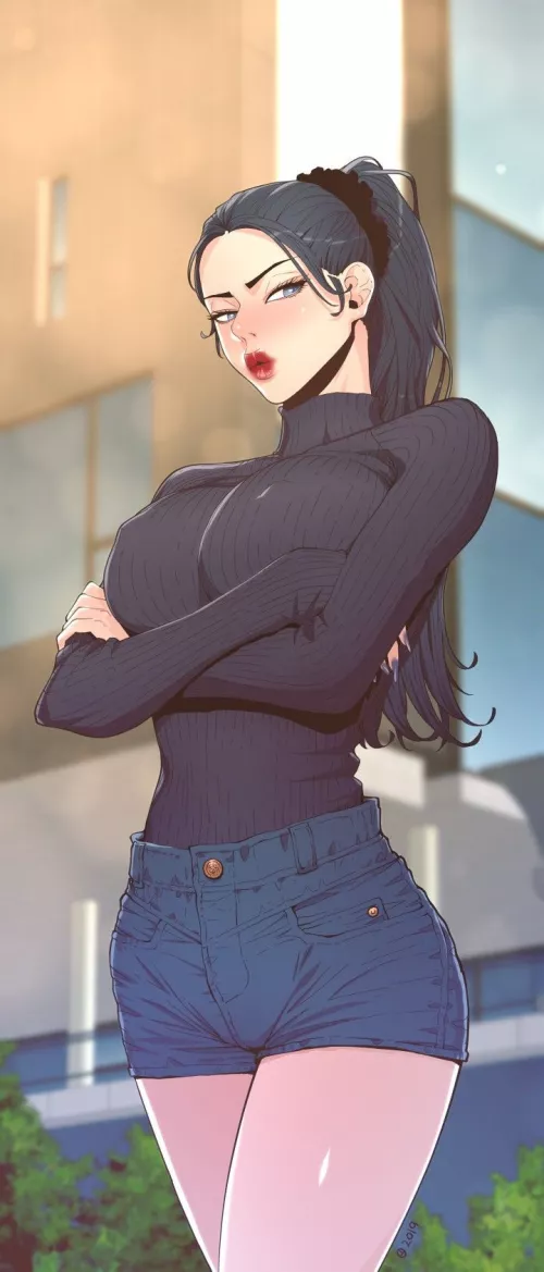 LF color source: 1girl, shorts, blue shorts, dark shirt, grey shirt, red lipstick, grey hair, blue eyes, arms crossed, looking at viewer, raised expression, building in background, background out of focus, ponytail, blue nailpolish, long sleeves, by GodMudit