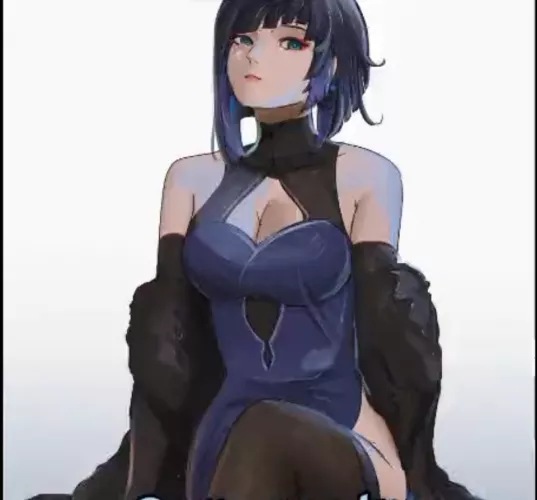 LF Color Source: 1girl, sitting, short hair, green eyes, purple hair, detached sleeves, sleeveless, big/large breasts, eyes open, thighhighs, purple dress by kei-kazuki