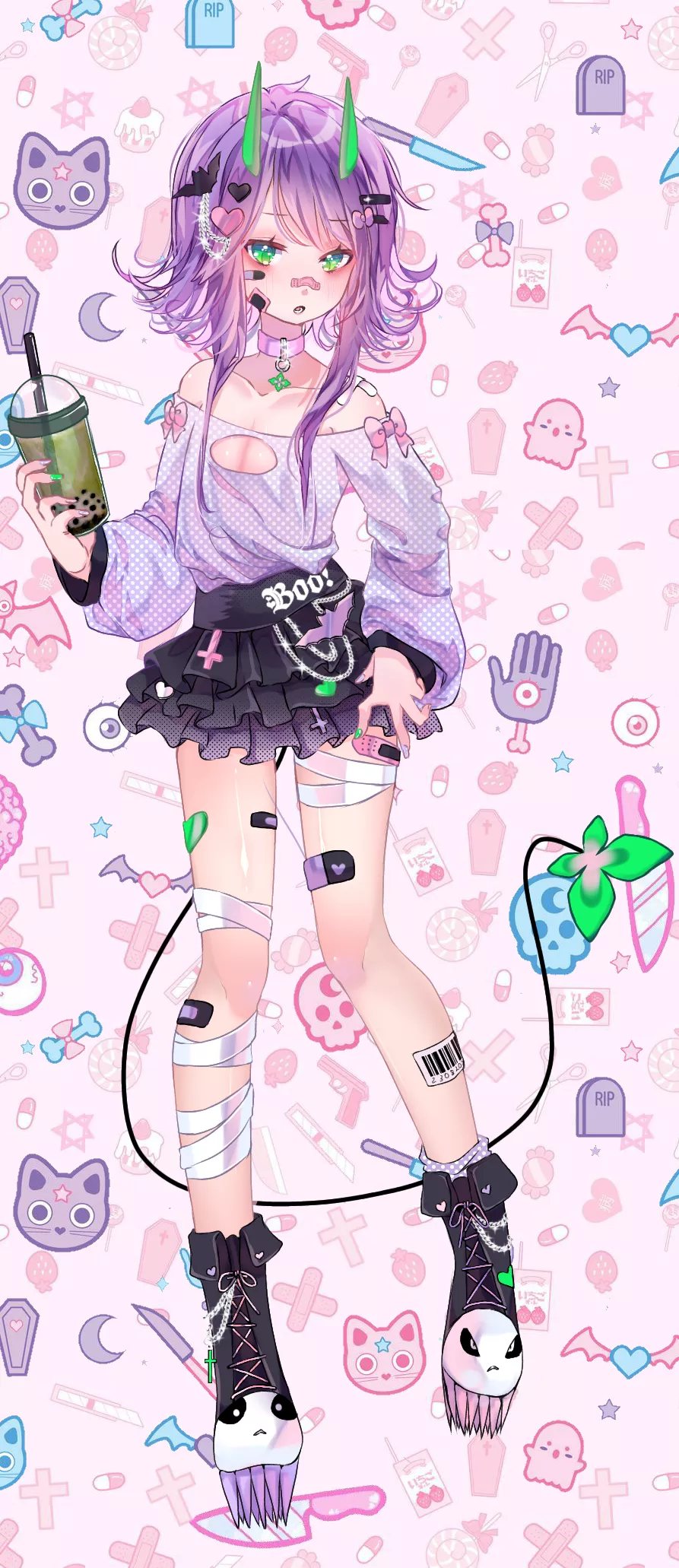 LF Color Source: 1girl, standing, purple hair, long hair, hair between eyes, green eyes, eyes open, bandage on face, tail, green nailpolish, green horns, hair ornament, short skirt, boots, 