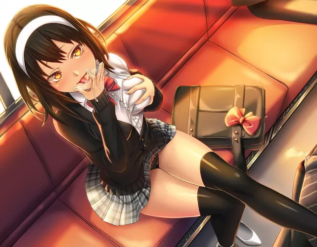 LF Color Source: 1girl, train, sitting, thighs, black panties, school uniform, hairband, self fondle, bag, yellow eyes, black hair, cum, licking, hair between eyes by heroxmode