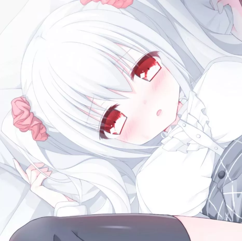 LF Color source: 1girl, twintails, blush, skirt, black legwear, spread legs, lying, on bed, hands on pillow, white hair, red eyes posted by toneonis