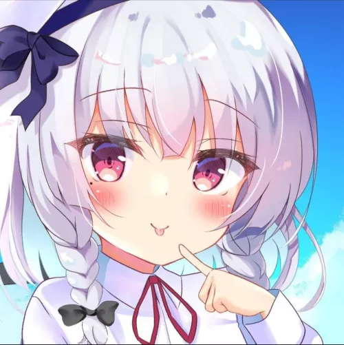 LF Color Source: 1girl, white hair, red eyes, tongue out, finger to mouth, hairband, bow, braid, blush, shirt, long sleeves, neck ribbon by heroxmode