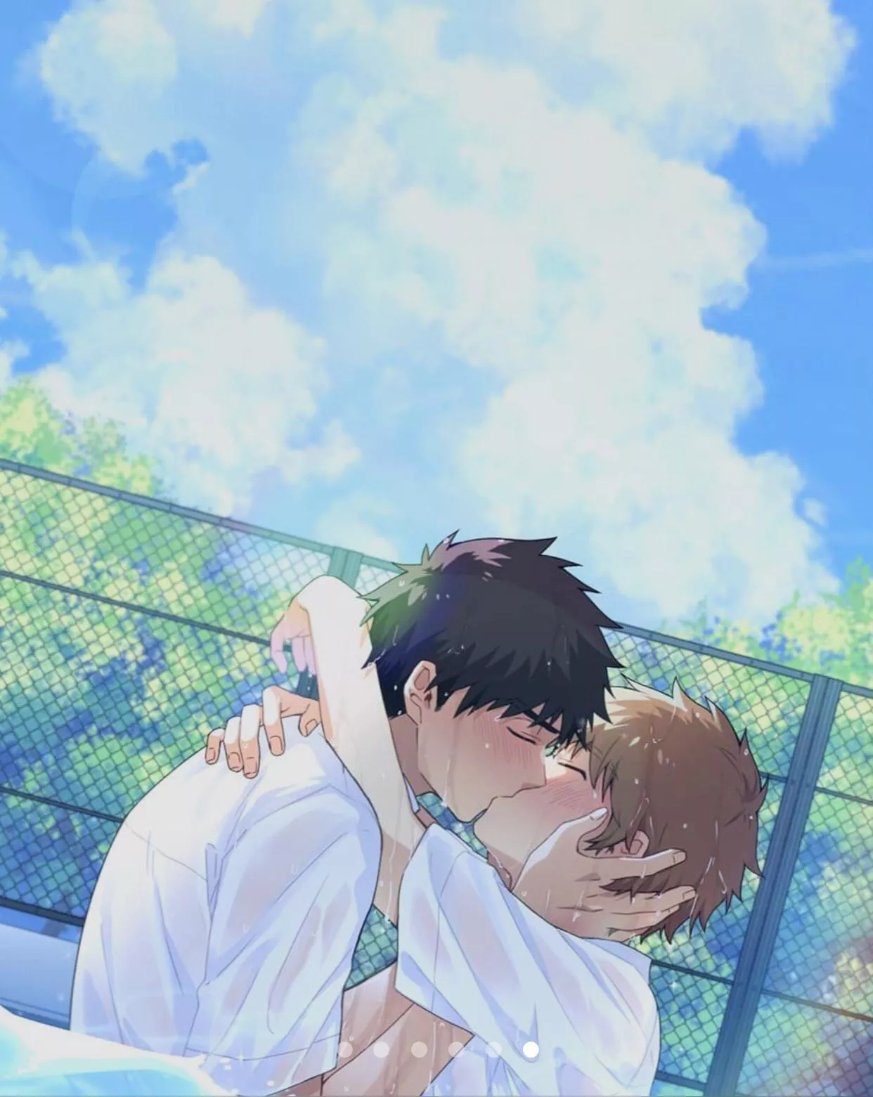 LF Color Source: 2boys, kiss, pool, wet, arms, wrapped, fence, clouds, bluesky, dressshirts, blackhair, brownhair posted by Auxelirus